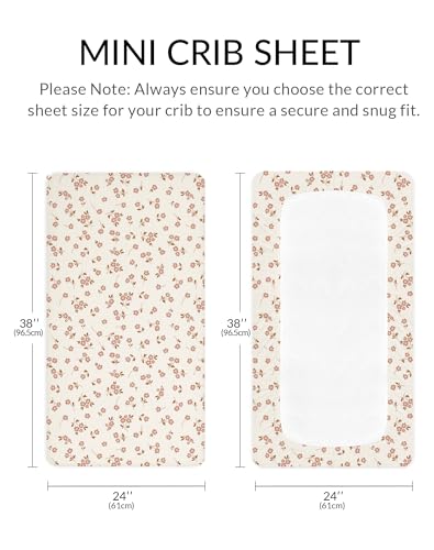 Image of Mini Crib Sheets for Baby Boy Girl 2 Pack, Neutral Mini Crib Mattress Sheet 24 inch x 38 inch, Muslin Nursery Bedding Soft and Breathable Comfort (Floral & Pink)