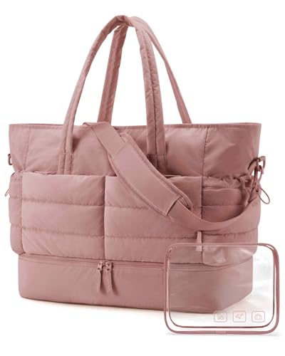 BAGSMART Large Travel Duffel Bag with Shoe Compartment, Puffer Carry-On Gym Weekender Bag for Women, Dark Pink