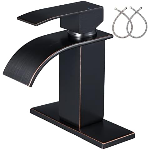 TIROIY Oil-Rubbed Bronze Bathroom Sink Faucets Waterfall Spout, Single Handle Faucets for Bathroom Sink 1 or 3 Hole Washbasin Mixer, Stainless Steel Lavatory Water Tap, ORB Cover