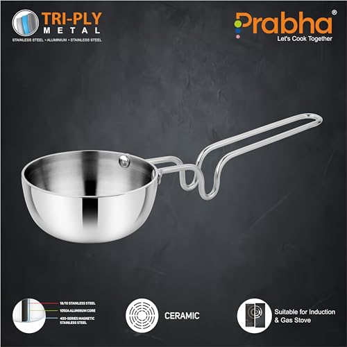 Image of Prabha Tadka Pan Stainless Steel 12.5cm Tadka Pan 550ml | Small Tri-ply Tadka Pans Gas & Induction Base | Kitchen TadkaPan with Handle | Chowka Pan Cooking, Frying Dal /Spices-Silver