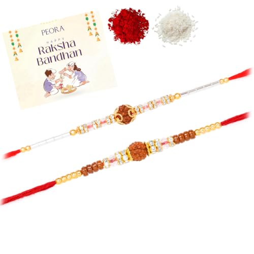 Image of Peora Rakhshabandhan Thread Rakhi for Brother Bhaiya | Kundan Beads & Crystal Studded | Combo Set of 2 | Rakhi Hamper Roli Chawal & Greeting Card