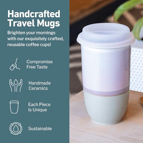 Image of NOVA CERAMICS Coffee Travel Mug - Reusable To Go Mug - Microwave & Dishwasher Safe White & Purple Tumbler - Gifts For Women Men Him Her - 16oz - Horizon