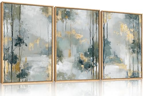 HPNIUB Abstract Forest Framed Canvas Wall Art Set, Minimalist Splash Ink Gold Green Pastel Watercolor Trees Wall Decor,Illustration Neutral Art Painting for Living Room,Dining Room,Office -16"x24"x3
