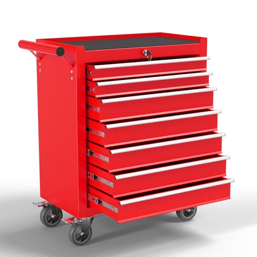 OAKANDO 7-Drawer Metal Rolling Tool Chest with Wheels,Tool Storage Cabinet with Locking System，Toolbox with Wheels for Garage,Workshop, Repair Shop(Red, 7-Drawer)