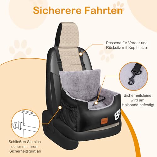 Hunde Autositz, 55x30x30cm, 1 Ansteckbare, Verstellbare Sicherheitsleinen, Auto-Hundebett für kleine Hunde, komplett Abnehmbarer und Waschbarer Autositz für Haustiere mit 2 Aufbewahrungs