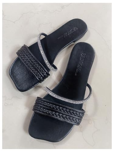 Image of GORGLITTER Women's Rhinestone Sparkly Flat Sandals Glitter Strappy Wedding Braided Prom Leather Square Toe Slide Shoes