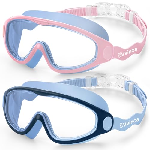 Vvinca Kids Swim Goggles for Boys Girls Age 3-15 Soft Wave-Shape Strap (No Hair Pulling) 180 Wide View Anti Fog/UV Waterproof Swimming Goggles Leak Free Silicone Pool Goggle for Toddler Youth