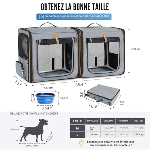 Lekeinchi Boîte De Transport 2 en 1 pour Chien Et Chat avec Cadre en Fibre Solide, Pliable Et Adaptée Comprenant Une Litière pour Chat, 2 Bols Et 2 Tapis pour Animaux - Gris – vue 6