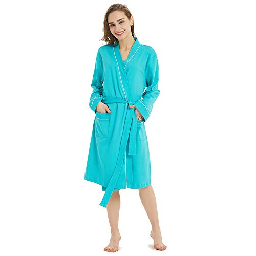 Gutherren Women Kimono Robes Soft Cotton Knit Bathrobe Soft Sleepwear Knee Length V-Neck (Baltic Blue L) #TOP3