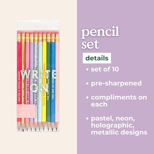 Image of ban.do Write On Colorful Pencil Set of 10, Pre-Sharpened #2 School /Office Graphite Pencils for Adults, Compliment /Sayings Pencils for Girls, Compliments