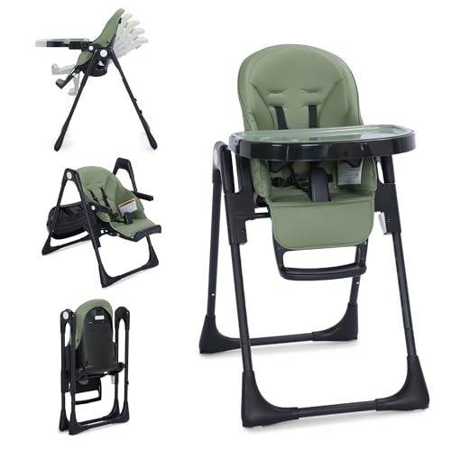 Image of TODEFULL 3 in 1 Foldable Baby High Chair, Infant High Chairs for Babies and Toddlers, 6 Height & 5 Recline Adjustable Toddler Feeding Chair, 2 Tray Depth & 3 Footrest Angles, 2 Built-in Wheels, Green