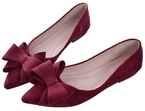 Image of SAILING LU Womens Bowknot Ballet Flats Pointy Toe Suede | Casual Flat Shoes, Dressy Wear to Work, Moccasins, Slip-Ons