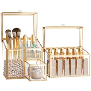 Luxury Tempered Glass Makeup Organizer Countertop – 2-Piece Set: Makeup Brush Holder & 18-Slot Lipstick Organizer, Vanity Organizer for Cosmetics and Skincare Organizer.