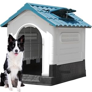 DWVO 33.1” Plastic Foldable Dog House for Small and Medium Dogs, Waterproof Folding Pet House with Adjustable Top Window and Elevated Base (33.1”L x 27.6”W x 30”H)