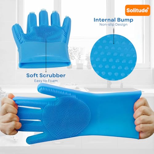 Image of Solitude Magic Gloves Silicone Dish Washing Cleaning Gloves, Silicone Hand Gloves for Kitchen Dishwashing and Pet Grooming, Great for Washing Dish, Car, Bathroom (Multicolour, 1 Pair)