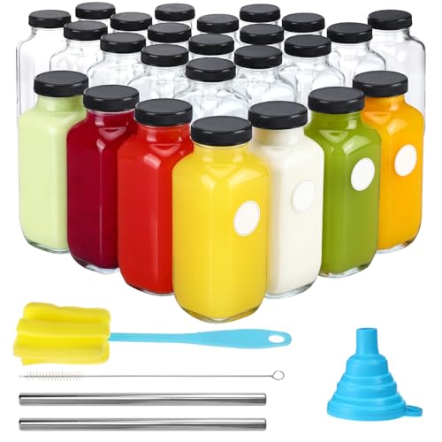 Image of CUCUMI 24pcs 16oz Glass Juice Bottles with Lids, Reusable Vintage Glass Drinking Bottles with Blank Labels, Brush, Straws, Funnel for Storing Tea, Kombucha, Milk