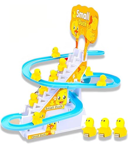 Image of Duck Track Toy Set with Climbing Stairs and Slide, Music and LED Lights, Blue and Yellow, for Kids Boys and Girls 3+ Years
