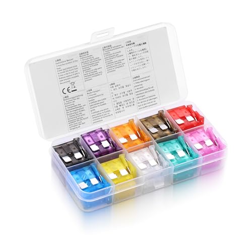 ELFJMZP 100PCS Kit de fusibles medianos para coche - 2A-35A 10 tipos (2A/3A/5A/7.5A/10A/15A/20A/25A/30A/35A) Fusibles de cuchilla para encendido/faros/AC, codificados por color con caja de almacenamie