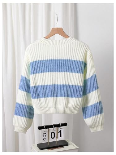 SHENHE Girl's Sweater Color Block Striped Crew Neck Fall Knitted Crop Top Sweater Jumper2