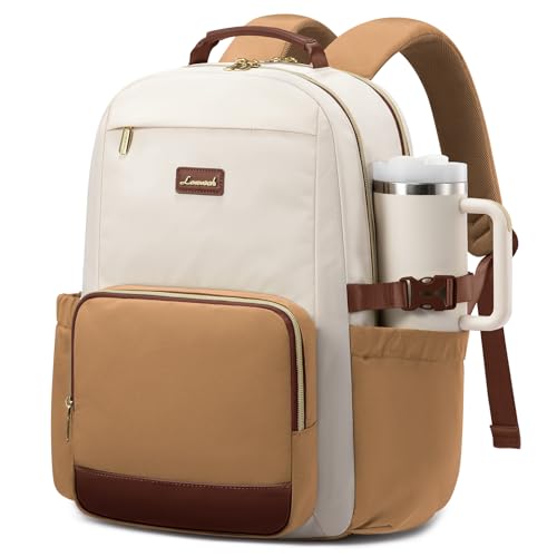 Image of LOVEVOOK Laptop Backpack for Women with Pouch Pocket for Large Capacity Cup,15.6 Inch Laptop Computer Bag Travel Backpack Purse,Waterproof Work Business Backpack College Teacher Bag,Beige-Brown-Bbrown
