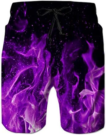 Mens Flaming Fire Swim Trunks for Man Purple Flame Beach Board Shorts 90s Boys Quick Qry Swimming Pants with Drawstring Male Novelty Smoke Slim Fit Fashion Pants Party Clothing, M