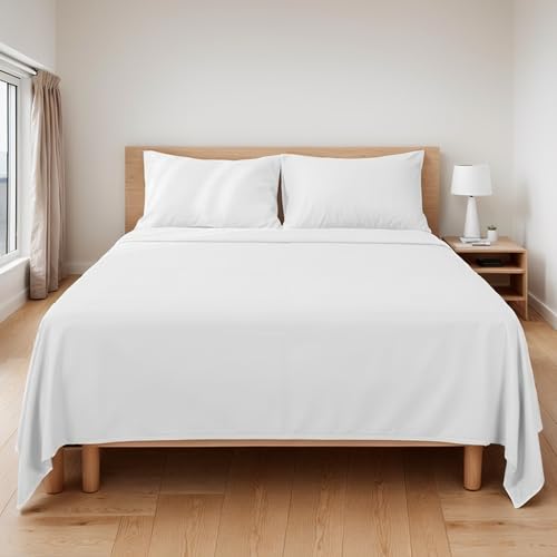 Etrexonline Juego de Sábanas 4 Piezas Cama 150 cm - Microfibra Ultra Suave Incluye 1 Bajera Ajustable 150x200+30 cm, 1 Encimera 230x270 cm, y 2 Fundas de Almohadas 50x75 cm - Color Blanco Liso