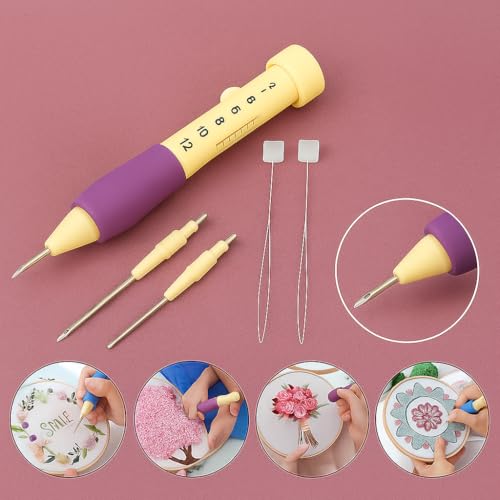 Image of SD Decor Embroidery Kit for Beginners - Complete Punch Needle Set for Embroidery with 3 Needle Sizes, Ergonomic Pen, Adjustable Depths & Threader (Yellow)