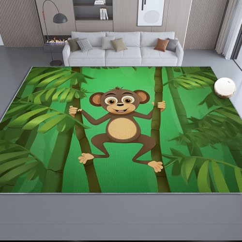 Alfombra Salon Verde Antideslizante Alfombras Lavables 120 x 180 cm, Dibujos Animados Bosque De Bambú Lindo Animal Mono Alfombra Pelo Corto en Lavadora Tapetes para Sala Habitacion Dormitorio Comedor