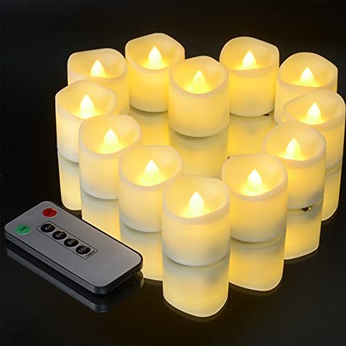 Velas votivas LED con control remoto y temporizador, Ymenow 12piezas luces de té parpadeantes sin llama velas de batería para dormitorio, fiesta, boda, decoración - blanco cálido Cover
