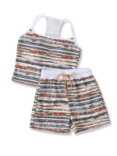 Image of Size 7-14Y Girls Clothes 2 Piece Outfits Striped Tank Top Drawstring Shorts Teen Girls Summer Clothing Sets