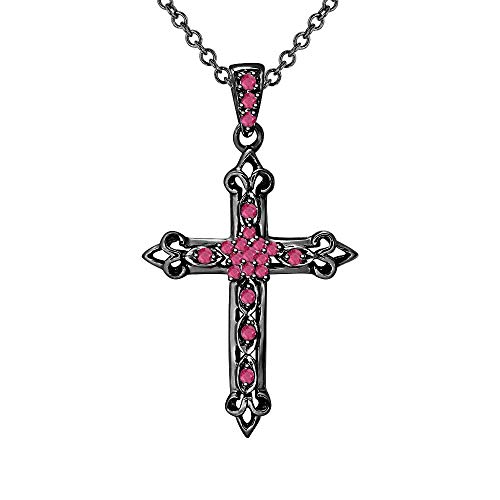 Round Cut 14k Gold Over .925 Sterling Silver Ruby Fleur-de-lis Cross Pendant Necklace Christmas Special For Womens.