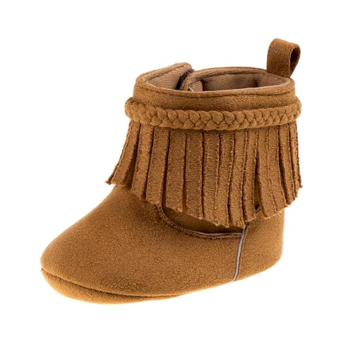 Josmo Baby Girls Fringe Boots Soft Suede Moccasin Crib Shoes Tassel Design Cozy First Walking, Tan, 4 Infant