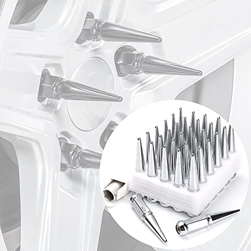 Image of 32PCS 4.4 inch Length 14x1.5 Chrome Wheel Spike Lug Nuts,Cone /Conical Bulge Seat,Closed End Nuts with 1 Socket Key and Gift Set 4 Pcs Chrome Aluminum Tires Valve Stem Cover Caps