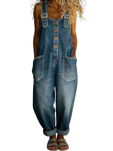 chouyatou Women's Y2K Denim Bib Overall Pants Button Front Wide Leg Jean Jumpsuits Vintage Loose Romper (Small,Blue)