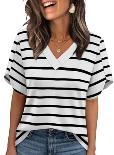 Image of WIHOLL Womens Summer Tops Short Petal Sleeve Shirts Fashion V Neck Womens Clothing