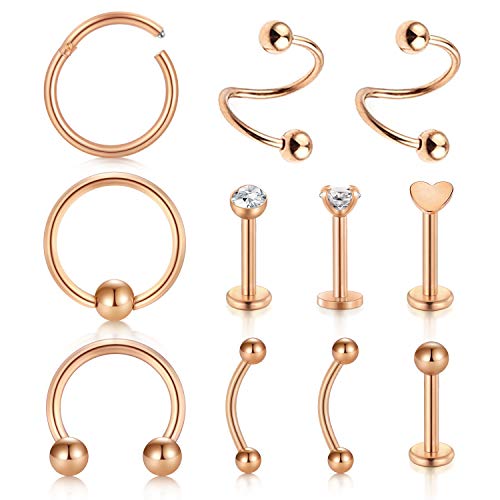 D.Bella 11pcs 16G Nose Rings Stainless Steel Tragus Helix Cartilage Daith Rook Earrings Spiral Twisted Barbell Eyebrow Ring Piercing Jewelry (Rose Gold)
