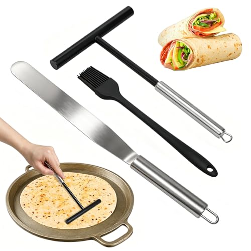 Crepes Verteiler Set 3 Stück T-förmiger Teigverteiler aus Edelstahl Spatel und Kochpinsel für gleichmäßiges Verteilen von Pfannkuchen- und Crepeteig spülmaschinengeeignet Küchen Backzubehör