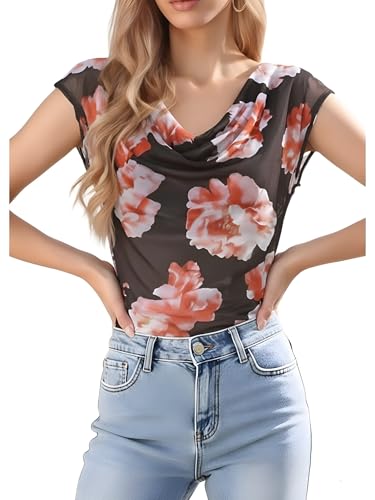 GERT COREL Women's Cowl Neck Sleeveless Top 2026 Sleeveless Ruched Floral Printed Shirts Summer Tank Tops Brown - image 5