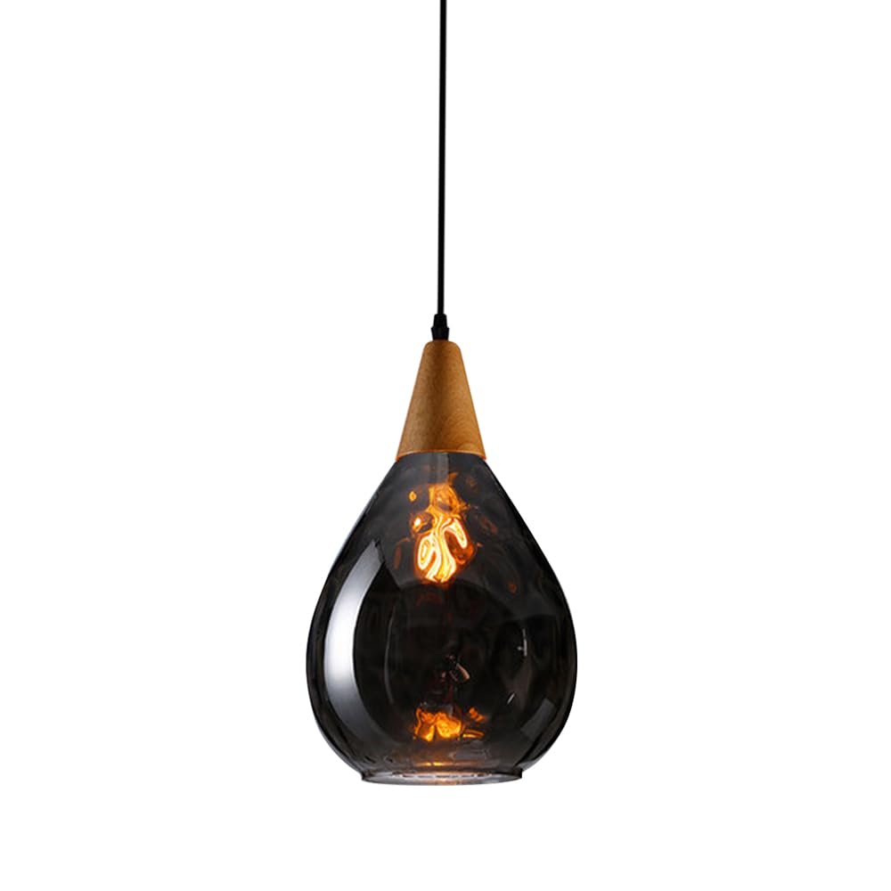 Glass Pendant Light Modern Wood Hanging Lamp Hammered Glass Ceiling Lighting Fixture Teardrop Dome Small Chandelier Dining Room Kitchen Island Suspension Lamps E27 Socket Star of Light