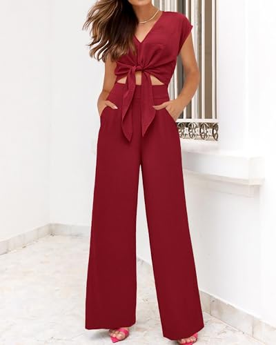 Image of PRETTYGARDEN Women's Summer 2 Piece Outfits 2026 Cap Sleeve V Neck Belted Crop Tops Wide Leg Pant Sets Casual Tracksuit
