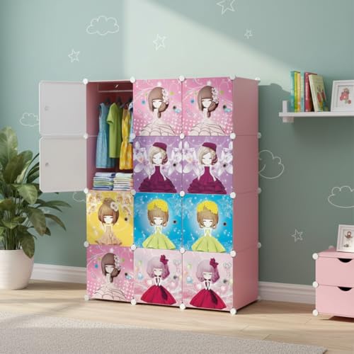 Image of KRISHYAM Kids Modular Storage Cabinet with Cartoon Princess Print Doors, 12 Cube Plastic Wardrobe Organizer, DIY Closet System with Hanging Rod, Toy & Clothes Storage (Barbie Print, 12 Box)