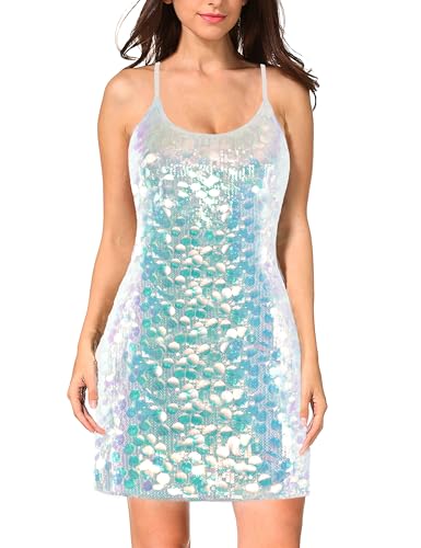MANER Womens Glitter Contrast Sequin Dress Adjustable Spaghetti Strap Sparkle Party Coin Dresses (Big White With Rainbow Small)