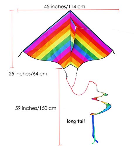 ZHUOYUE Delta Rainbow Kites for Kids and Adults, Easy to Fly Single Line Nylon Kite with Long Tail 45"x25" Inch - Thumbnail 7