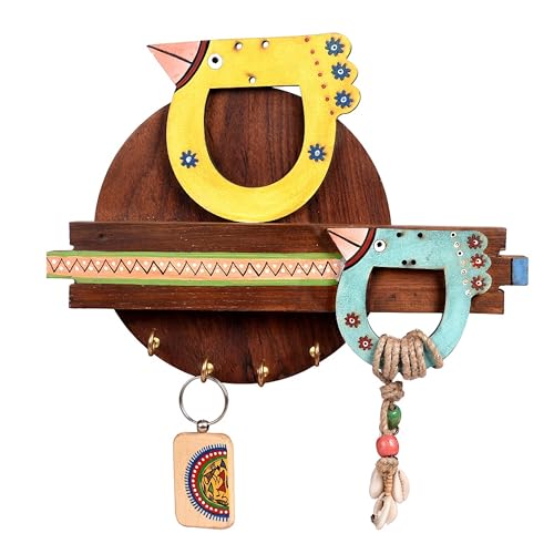 Image of AAKRITI ART CREATIONS Key Holder, Handcrafted Tribal Art Bird Theme Key Hanger | Rustic Wood Wall Organizer with 5 Hooks | New Home Gifts | Multifunctional Entryway Decor Item