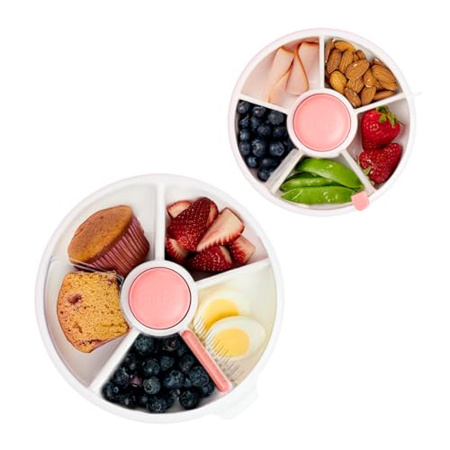 Image of GoBe Kids Coral Pink Small and Large Snack Spinner Bundle with Hand Strap and Sticker Sheet - Reusable Snack Container with 5 Compartment Dispenser and Lid | BPA and PVC Free | Dishwasher Safe