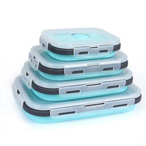 Juego de 4 recipientes plegables de silicona para almacenamiento de alimentos para almacenamiento de comidas y cocina compacta o casa rodante (juego de 4 piezas, azul)