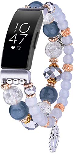 TOROTOP Inspire Hr/Inspire/Ace 2 Bands Women Girl, Upgrade Fashion Handmade Fashion Elastic Beaded Strap Bracelet Compatible for Fitbit Inspire/Inspire Hr (Grey-Blue)