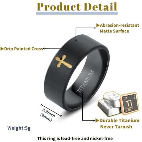 Cross Rings for Men, Premium Pure Titanium Rings for Men Lord Jesus Christian 8MM Black Silver Mens Wedding Ring Comfort Fit Matte Size 6-133