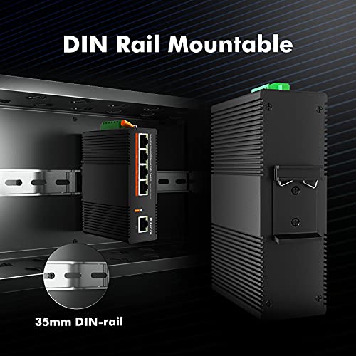 Image of MokerLink 5 Port PoE Gigabit Industrial DIN-Rail Ethernet Switch, 14Gbps Switching Capacity, IP40 Rated Network Switch (-40 to 185F), with UL Power Supply