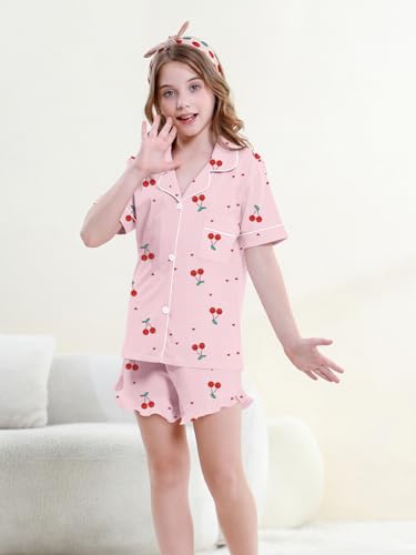 QZH.DUAO 3 Piece Girls Pajama Sets 100% Cotton Ruffle Long Pants with Shorts Sleepwear 3pcs Button Down PJs 5-14 Years2